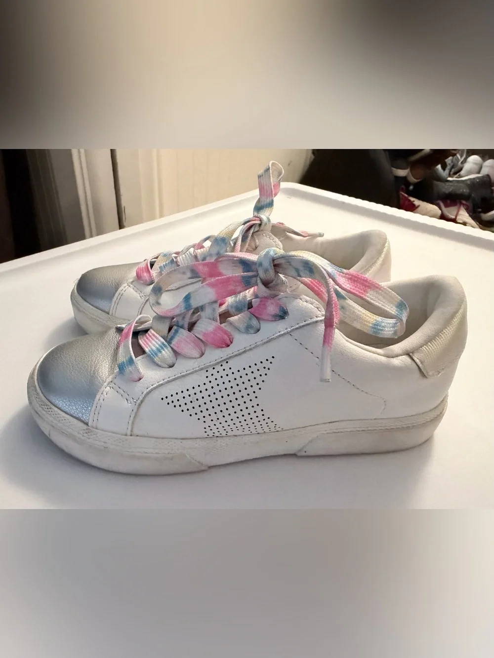 Kids White Sneakers with Pink & Blue Tie-Dye Laces